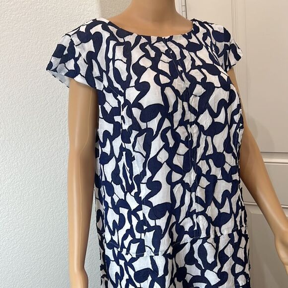 Anne Klein Dress Size 14W Scoop Neck Cap Sleeve Midi Blue White Zipper Back - Picture 3 of 11